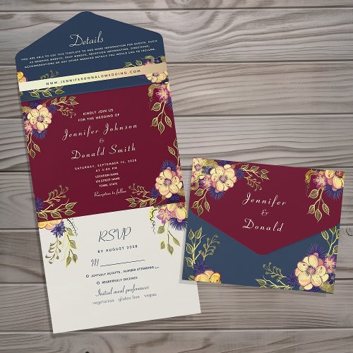 Rustic Floral Burgundy and Navy Blue Wedding All In One Invitation