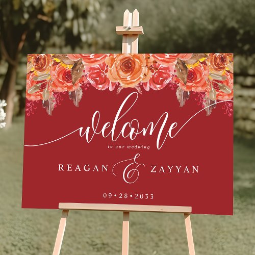 Rustic Floral Burgundy Autumn Wedding Welcome Foam Board