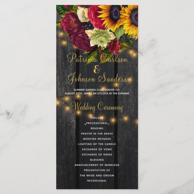 Rustic floral burgundy barn wood wedding program (Front)