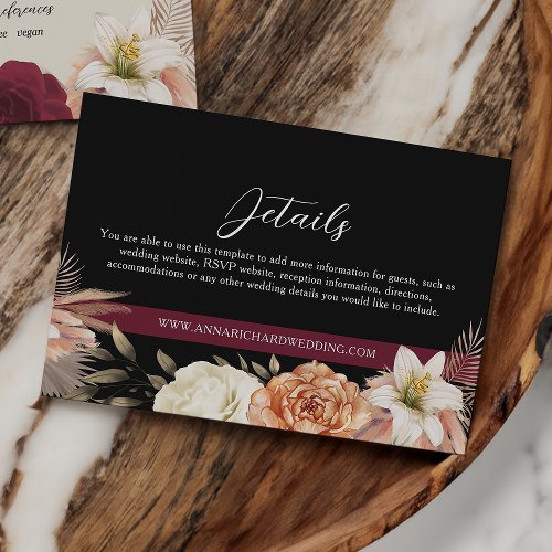 Rustic Floral Burgundy Black Wedding Details Enclosure Card