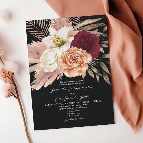 Rustic Floral Burgundy Black Wedding Invitation