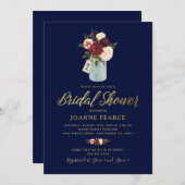 Rustic Floral Burgundy Blue Gold Bridal Shower Invitation (Front/Back)