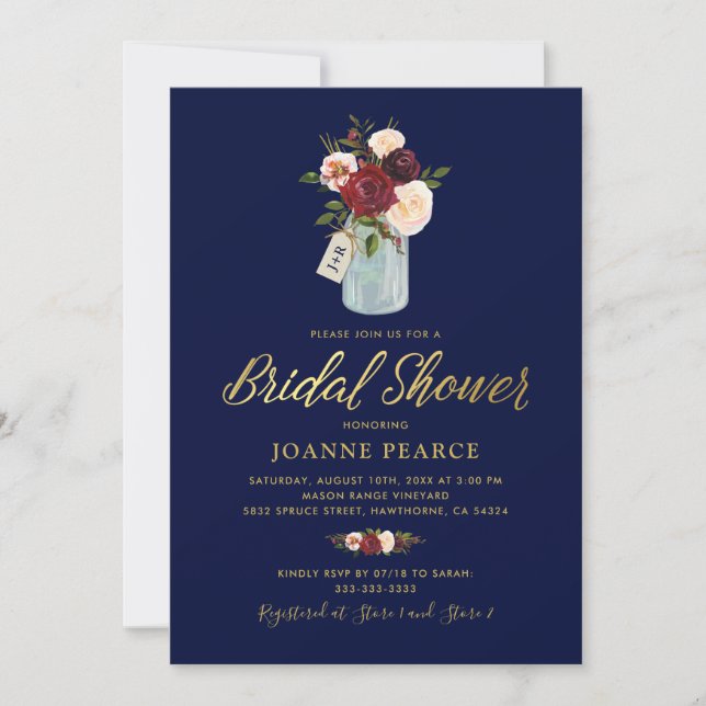 Rustic Floral Burgundy Blue Gold Bridal Shower Invitation (Front)