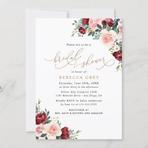 Rustic Floral Burgundy Blush Bridal Shower Invitation