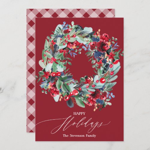 Rustic floral burgundy Christmas wreath happy Holiday Card
