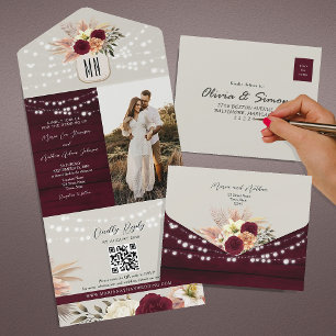 Rustic Floral Burgundy Fall Wedding All In One Invitation