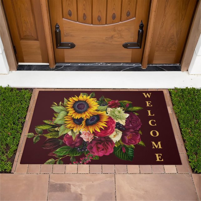 Rustic floral burgundy gold welcome doormat (Outdoor)