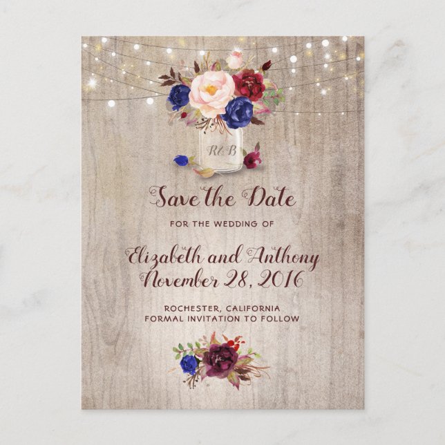 Rustic Floral Burgundy Navy Blue Save the Date Announcement Postcard (Front)
