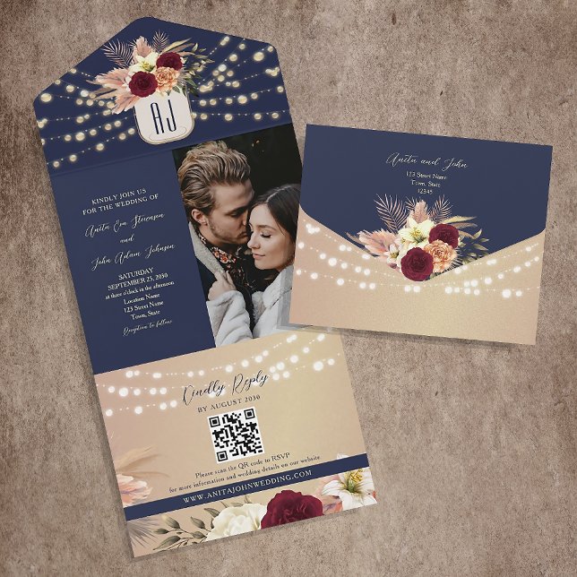 Rustic Floral Burgundy Navy Blue Wedding All In One Invitation (Creator Uploaded)