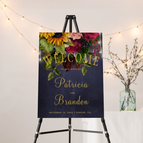 Rustic floral burgundy navy wedding welcome sign