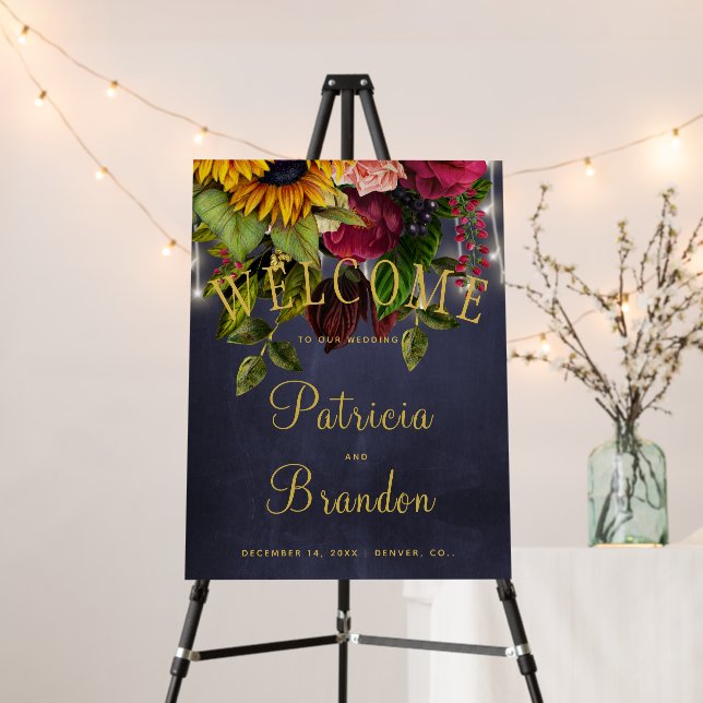 Rustic floral burgundy navy wedding welcome sign (In Situ (Stand))