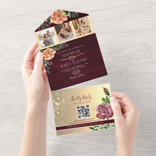Rustic Floral Burgundy Photos Wedding All In One Invitation