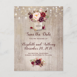 Rustic Floral Burgundy Save the Date Announcement Postcard