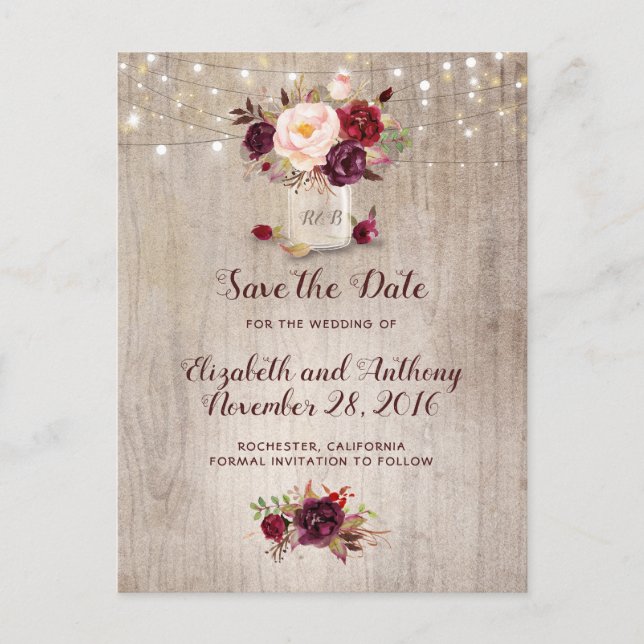 Rustic Floral Burgundy Save the Date Announcement Postcard (Front)