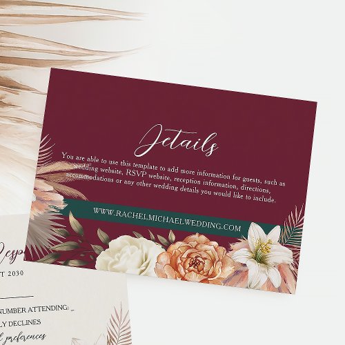 Rustic Floral Burgundy Wedding Details Enclosure Card