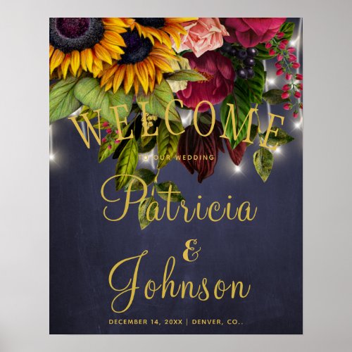 Rustic floral burgundy wedding navy welcome sign
