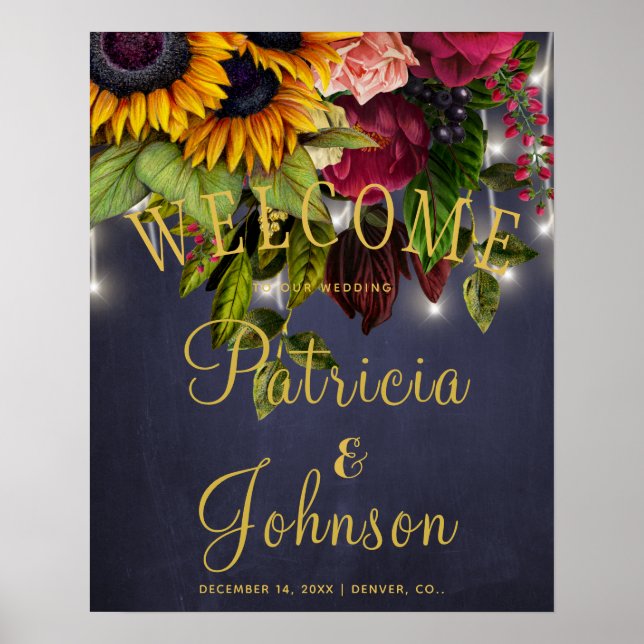 Rustic floral burgundy wedding navy welcome sign (Front)
