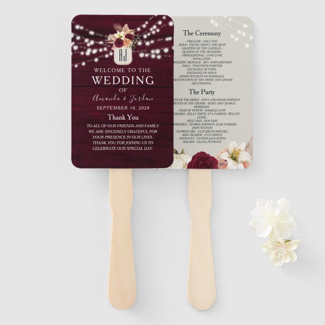 Rustic Floral Burgundy Wedding Program Hand Fan (Front and Back)