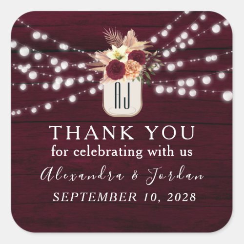 Rustic Floral Burgundy Wedding Square Sticker