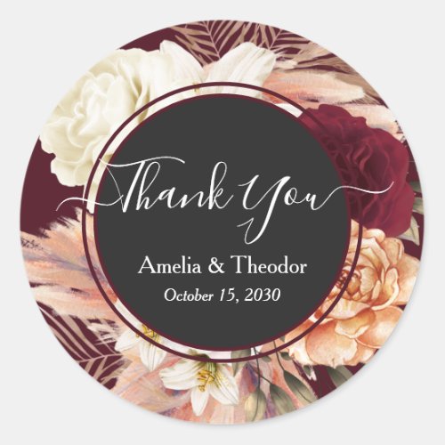 Rustic Floral Burgundy Wedding Thank You Square St Classic Round Sticker