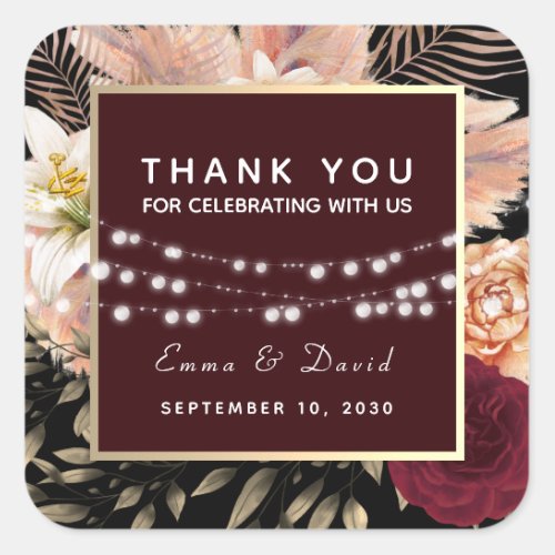 Rustic Floral Burgundy Wedding Thank You Square Sticker