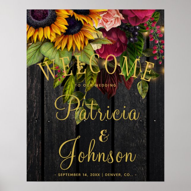 Rustic floral burgundy wood wedding welcome sign (Front)