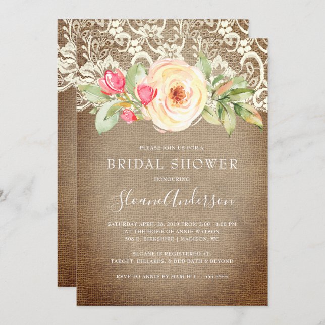 Rustic Floral Burlap and Lace Bridal Shower Invitation (Front/Back)