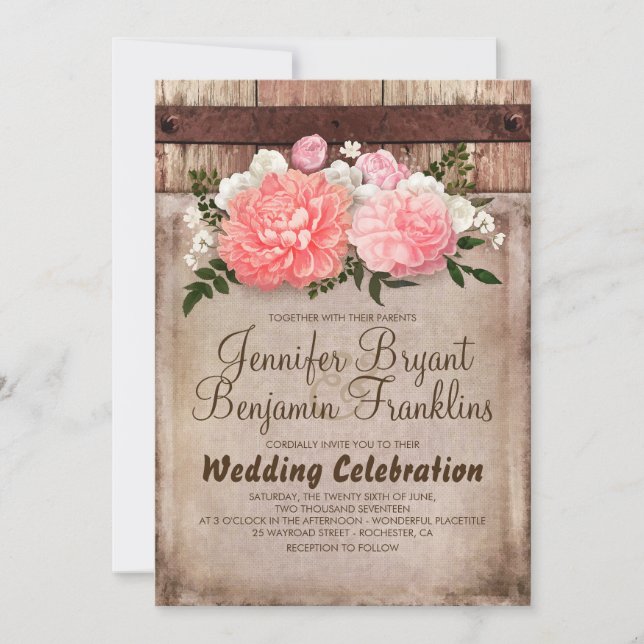 Rustic Floral Burlap and Wood Fall Wedding Invitation (Front)