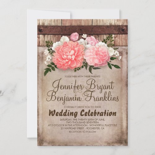 Rustic Floral Burlap and Wood Fall Wedding Invitation - Rustic oak barrel wood and burlap lace vineyard wedding invitation with the vintage pink and white country flowers bouquet.