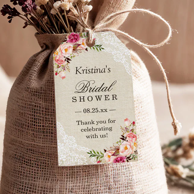Rustic Floral Burlap Lace Bridal Shower Favor Gift Tags | Zazzle