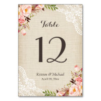 Rustic Floral Burlap Lace Table Number