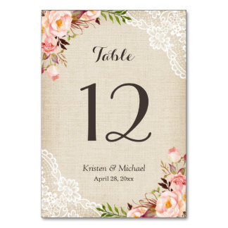 Rustic Floral Burlap Lace Table Number