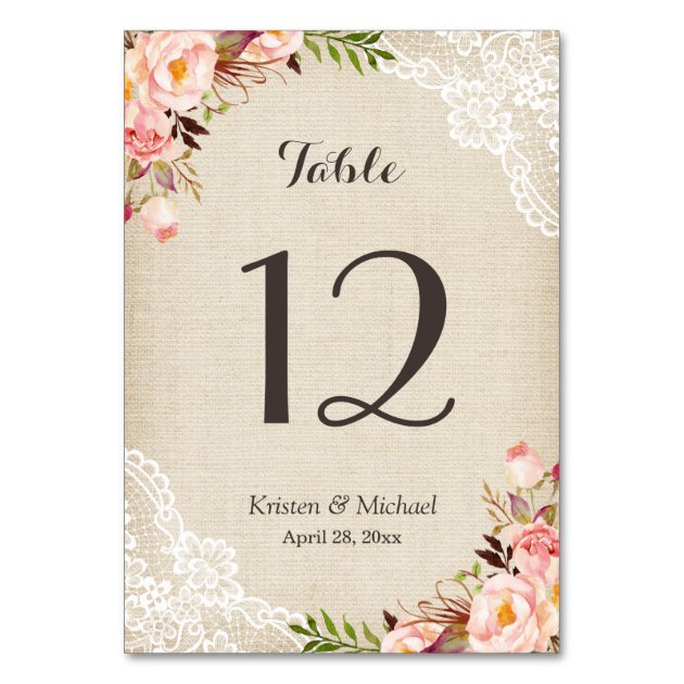 Rustic Floral Burlap Lace Table Number Card