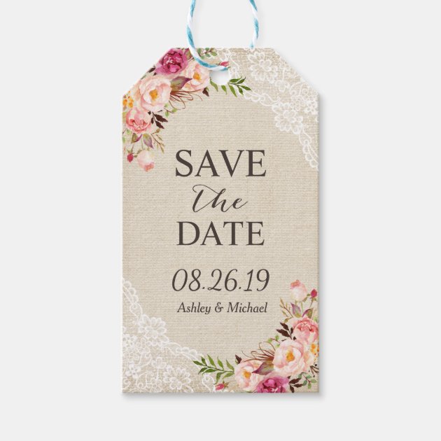 Rustic Floral Burlap Lace Wedding Save The Date Gift Tags