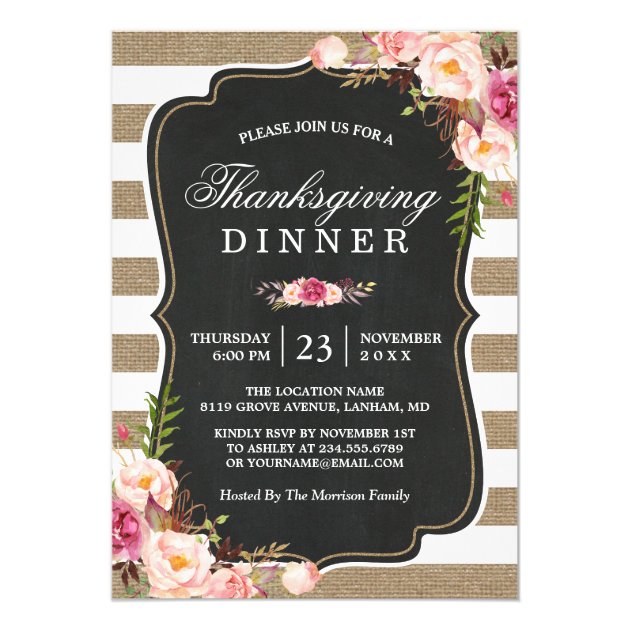 Rustic Floral Burlap Stripes Thanksgiving Dinner Card