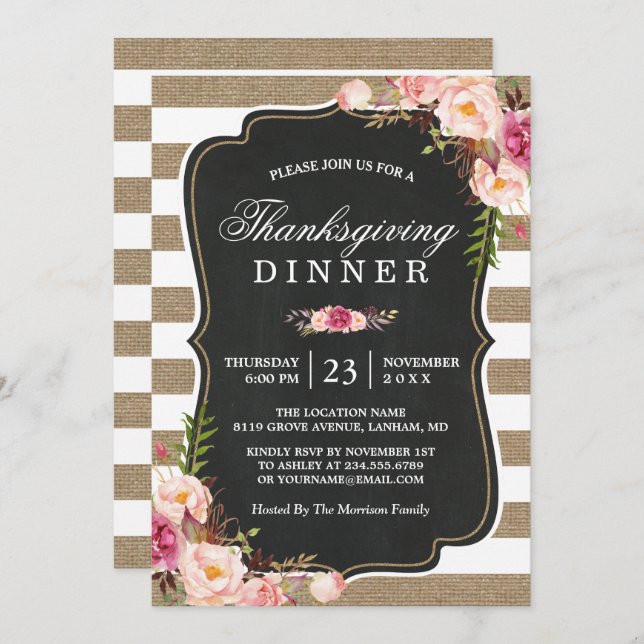 Rustic Floral Burlap Stripes Thanksgiving Dinner Invitation (Front/Back)