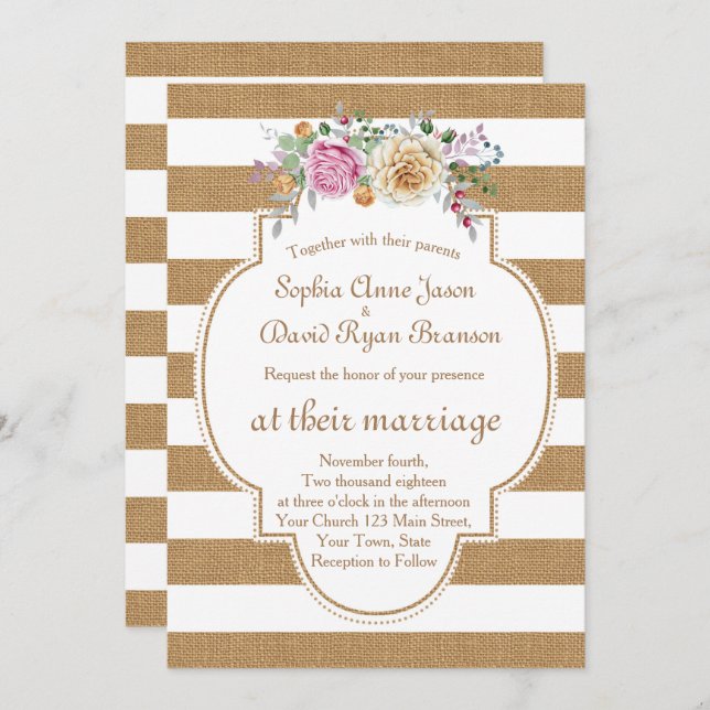 Rustic Floral Burlap Stripes Wedding Invitation (Front/Back)