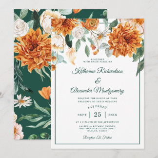 Rustic Floral Burnt Orange Elegant Fall Wedding Invitation