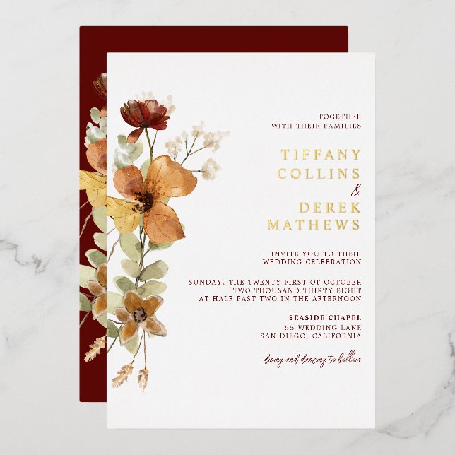 Rustic Floral Burnt Orange Fall Wedding Foil Invitation (Front/Back)