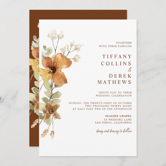 Rustic Floral Burnt Orange Fall Wedding Invitation (Front/Back)