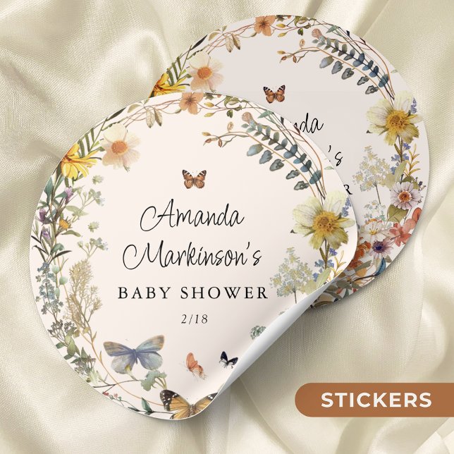 Rustic Floral Butterfly Gender Neutral Baby Shower Classic Round Sticker (Creator Uploaded)
