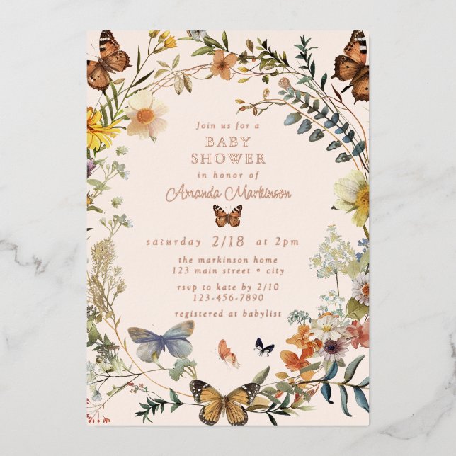 Rustic Floral Butterfly Gender Neutral Baby Shower Foil Invitation (Front)