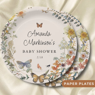 Rustic Floral Butterfly Gender Neutral Baby Shower Paper Plates