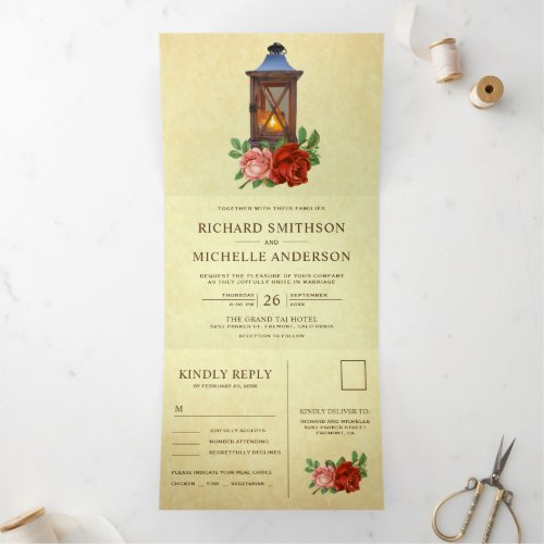 Rustic Floral Candle Lantern All in One Wedding Tri_Fold Invitation