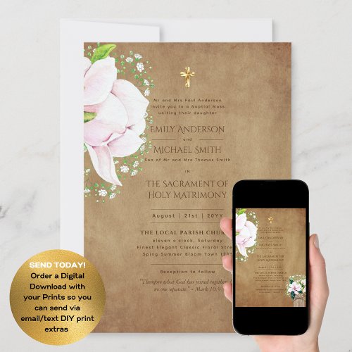 Rustic Floral Catholic Nuptial Mass Wedding  Invitation