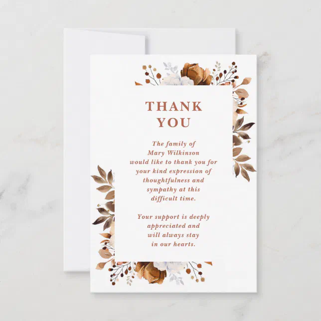 Rustic Floral Celebration Of Life Funeral Thank You Card | Zazzle