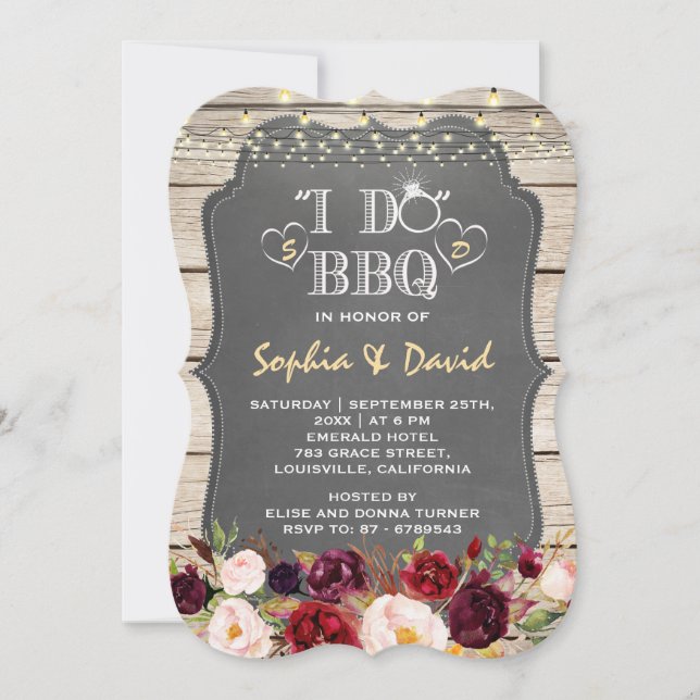 Rustic Floral Chalk Wood I DO BBQ Invitation (Front)