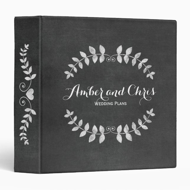 Rustic Floral Chalkboard Black and White Wedding 3 Ring Binder (Front/Spine)