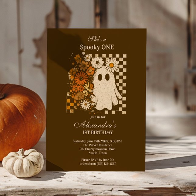 Rustic Floral Checkerboard Ghost 1st Birthday Invitation (Creator Uploaded)