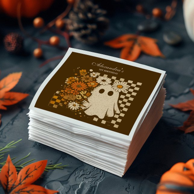 Rustic Floral Checkerboard Ghost 1st Birthday Napkins (Creator Uploaded)